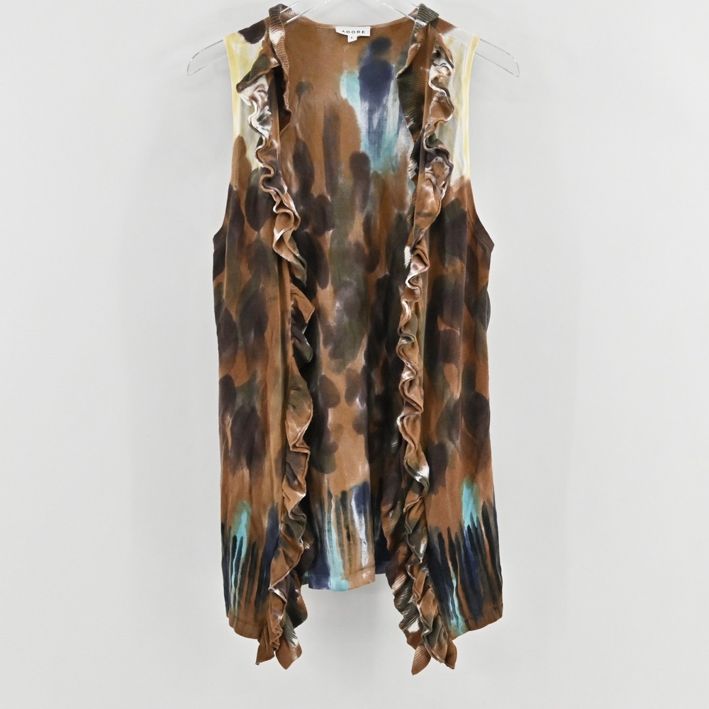 Adore Ruffle Cardigan Vest Womens Size L Multicolor Watercolor Boho‎ Cotton
